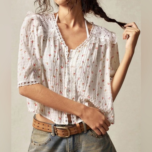 Floral Lace Trim Blouse - White - Picture 5 of 8